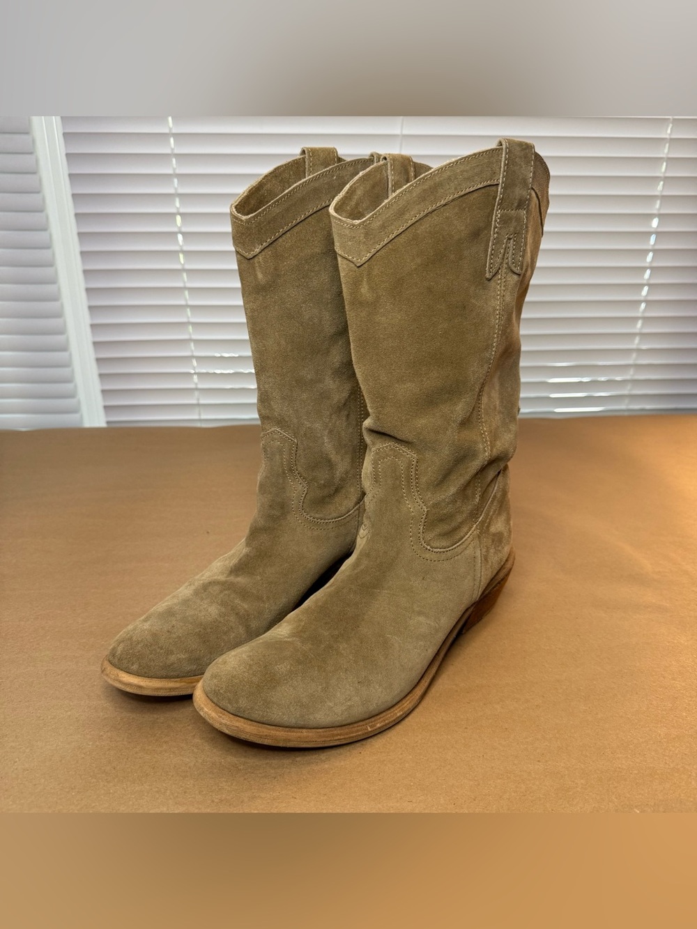 Diba Suede Knee-High Heeled Cowgirl Western Boots in Taupe-Brown